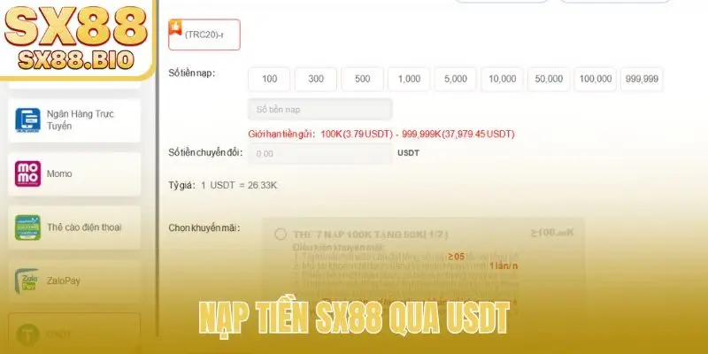Thủ tục nạp tiền SX88 qua USDT nhanh gọn